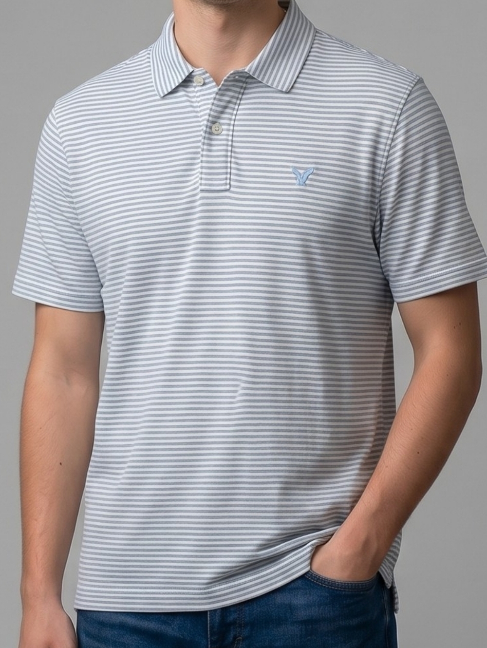 American Eagle Striped Baby Blue Polo Shirt L